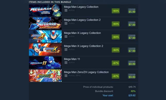 Ein Screenshot von Steam zeigt Mega Man-Spiele zum günstigen Preis. 